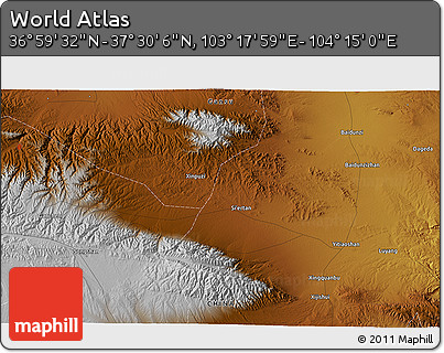 Physical 3D Map of the Area around 37° 14' 49" N, 103° 46' 30" E