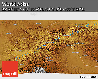 Physical 3D Map of the Area around 37° 14' 49" N, 104° 37' 30" E
