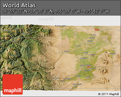 Satellite 3D Map of the Area around 37° 14' 49" N, 106° 10' 30" W
