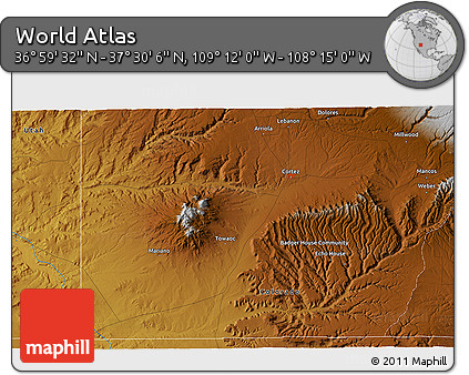 Physical 3D Map of the Area around 37° 14' 49" N, 108° 43' 29" W