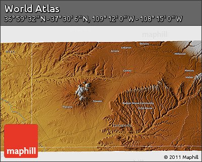 Physical 3D Map of the Area around 37° 14' 49" N, 108° 43' 29" W