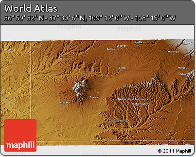 Physical 3D Map of the Area around 37° 14' 49" N, 108° 43' 29" W