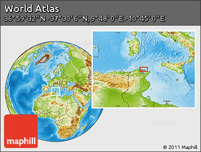Physical Location Map of the Area around 37° 14' 49" N, 10° 16' 30" E