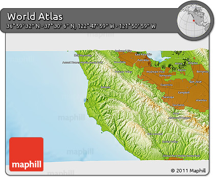 Physical 3D Map of the Area around 37° 14' 49" N, 122° 19' 29" W