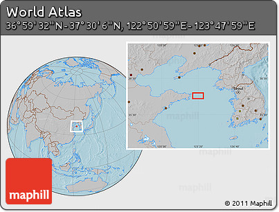 Gray Location Map of the Area around 37° 14' 49" N, 123° 19' 29" E, hill shading