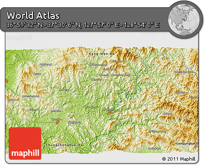 Physical 3D Map of the Area around 37° 14' 49" N, 128° 25' 30" E