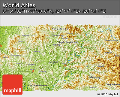 Physical 3D Map of the Area around 37° 14' 49" N, 128° 25' 30" E
