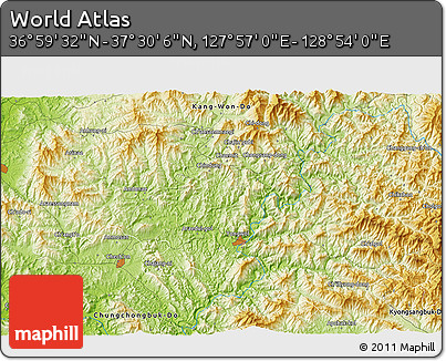 Physical 3D Map of the Area around 37° 14' 49" N, 128° 25' 30" E