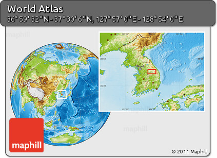 Physical Location Map of the Area around 37° 14' 49" N, 128° 25' 30" E