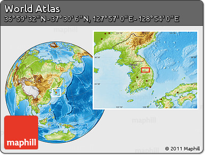 Physical Location Map of the Area around 37° 14' 49" N, 128° 25' 30" E
