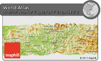 Physical Panoramic Map of the Area around 37° 14' 49" N, 128° 25' 30" E
