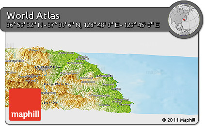 Physical Panoramic Map of the Area around 37° 14' 49" N, 129° 16' 30" E