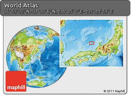 Physical Location Map of the Area around 37° 14' 49" N, 135° 13' 29" E