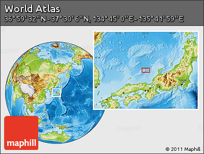 Physical Location Map of the Area around 37° 14' 49" N, 135° 13' 29" E