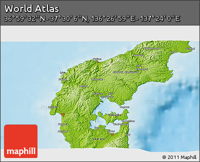 Physical 3D Map of the Area around 37° 14' 49" N, 136° 55' 30" E