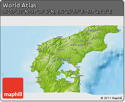 Physical 3D Map of the Area around 37° 14' 49" N, 136° 55' 30" E