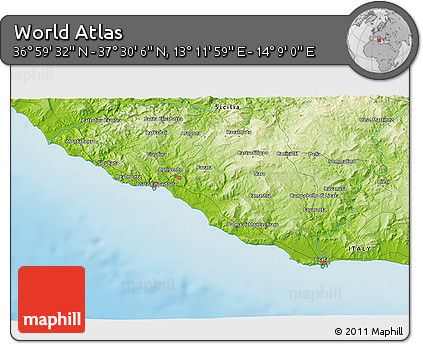 Physical 3D Map of the Area around 37° 14' 49" N, 13° 40' 30" E