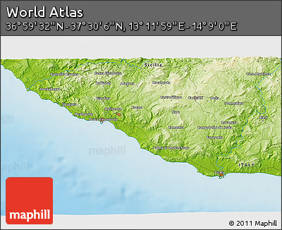 Physical 3D Map of the Area around 37° 14' 49" N, 13° 40' 30" E
