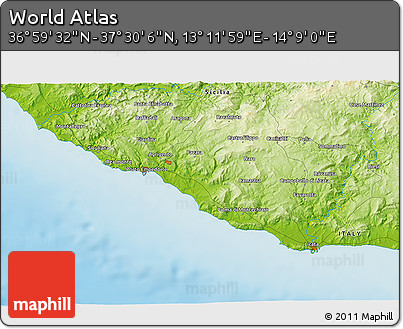 Physical 3D Map of the Area around 37° 14' 49" N, 13° 40' 30" E