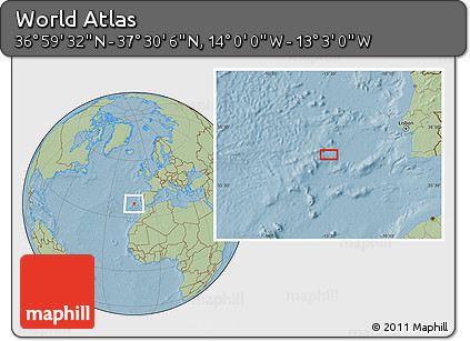 Savanna Style Location Map of the Area around 37°&nbsp;14'&nbsp;49"&nbsp;N,&nbsp;13°&nbsp;31'&nbsp;30"&nbsp;W, hill shading