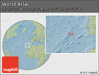 Savanna Style Location Map of the Area around 37°&nbsp;14'&nbsp;49"&nbsp;N,&nbsp;13°&nbsp;31'&nbsp;30"&nbsp;W, hill shading