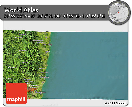 Satellite 3D Map of the Area around 37° 14' 49" N, 141° 10' 30" E