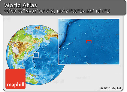 Physical Location Map of the Area around 37° 14' 49" N, 148° 49' 29" E