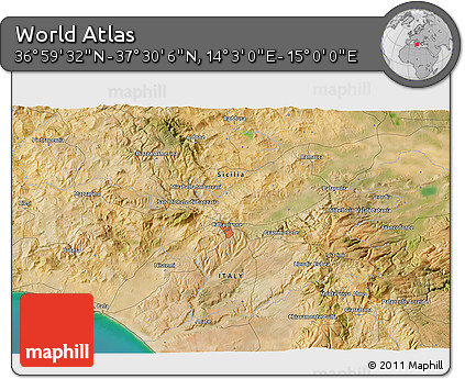 Satellite 3D Map of the Area around 37° 14' 49" N, 14° 31' 30" E