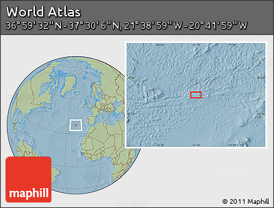 Savanna Style Location Map of the Area around 37° 14' 49" N, 21° 10' 29" W, hill shading