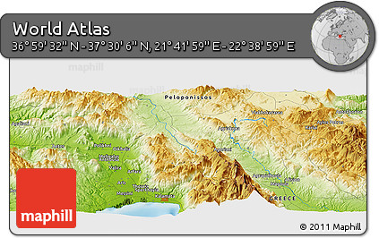 Physical Panoramic Map of the Area around 37° 14' 49" N, 22° 10' 29" E
