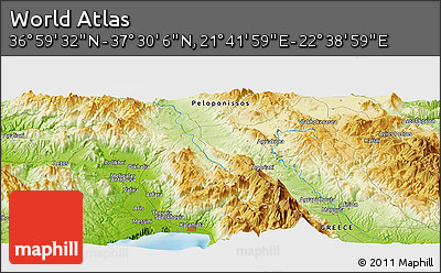 Physical Panoramic Map of the Area around 37° 14' 49" N, 22° 10' 29" E