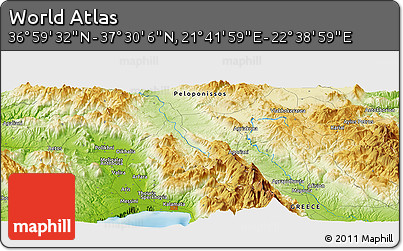 Physical Panoramic Map of the Area around 37° 14' 49" N, 22° 10' 29" E