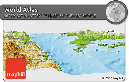 Physical Panoramic Map of the Area around 37° 14' 49" N, 23° 1' 29" E