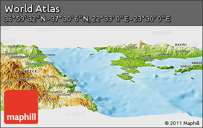 Physical Panoramic Map of the Area around 37° 14' 49" N, 23° 1' 29" E