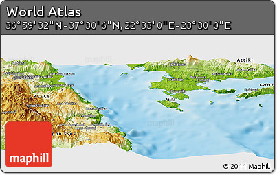 Physical Panoramic Map of the Area around 37° 14' 49" N, 23° 1' 29" E