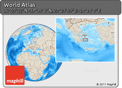 Shaded Relief Location Map of the Area around 37° 14' 49" N, 23° 52' 30" E