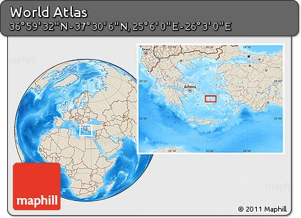 Shaded Relief Location Map of the Area around 37° 14' 49" N, 25° 34' 30" E