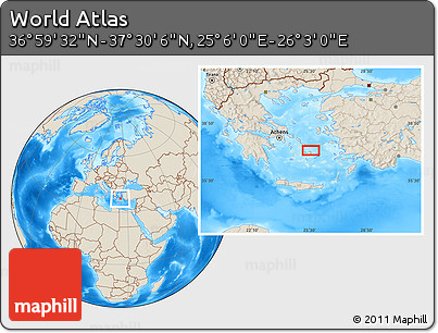 Shaded Relief Location Map of the Area around 37° 14' 49" N, 25° 34' 30" E