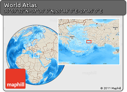 Shaded Relief Location Map of the Area around 37° 14' 49" N, 27° 16' 29" E