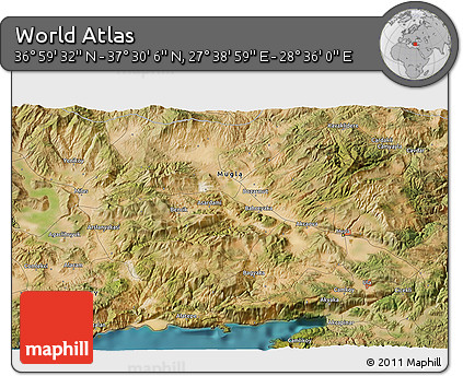 Satellite 3D Map of the Area around 37° 14' 49" N, 28° 7' 30" E