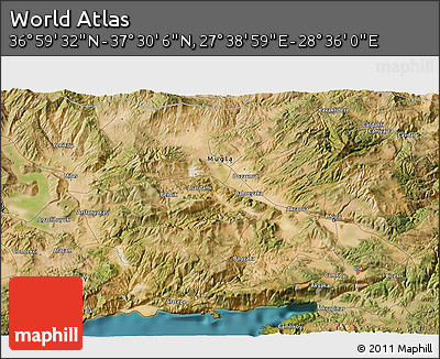 Satellite 3D Map of the Area around 37° 14' 49" N, 28° 7' 30" E