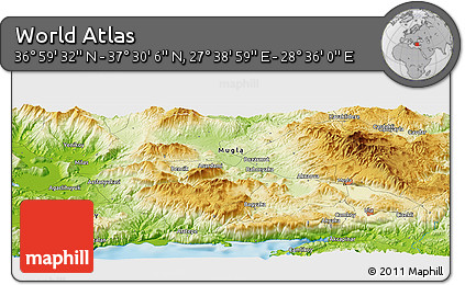 Physical Panoramic Map of the Area around 37° 14' 49" N, 28° 7' 30" E