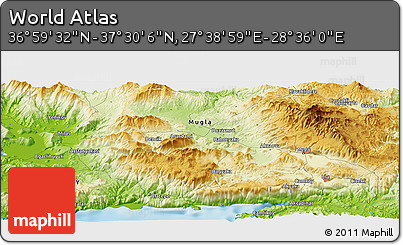 Physical Panoramic Map of the Area around 37° 14' 49" N, 28° 7' 30" E