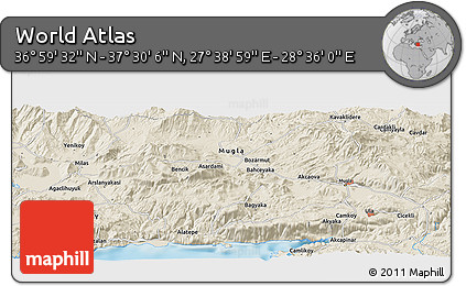 Shaded Relief Panoramic Map of the Area around 37° 14' 49" N, 28° 7' 30" E