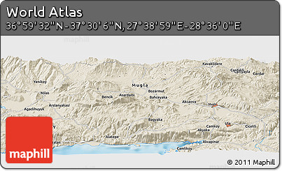 Shaded Relief Panoramic Map of the Area around 37° 14' 49" N, 28° 7' 30" E