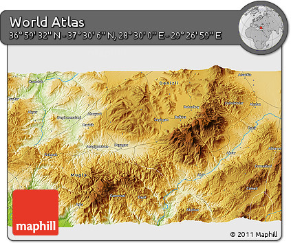 Physical 3D Map of the Area around 37° 14' 49" N, 28° 58' 30" E