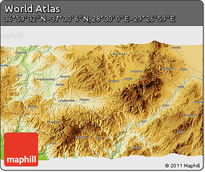 Physical 3D Map of the Area around 37° 14' 49" N, 28° 58' 30" E