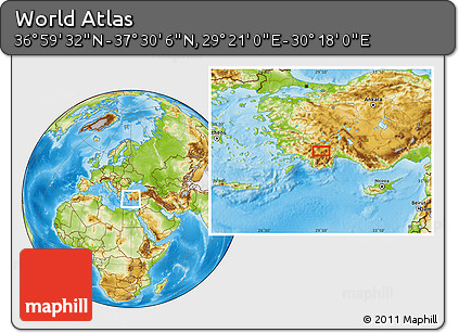 Physical Location Map of the Area around 37° 14' 49" N, 29° 49' 30" E