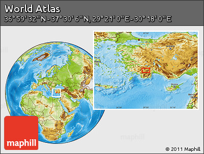 Physical Location Map of the Area around 37° 14' 49" N, 29° 49' 30" E