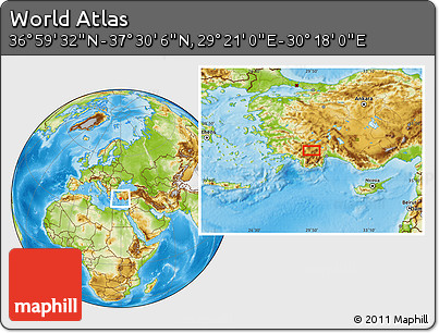 Physical Location Map of the Area around 37° 14' 49" N, 29° 49' 30" E